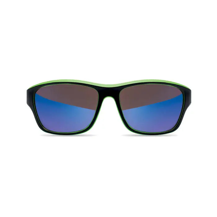 Ochelari de soare sport cu rama neagra si verde neon si lentile albastre oglinzite cu protectie uv400