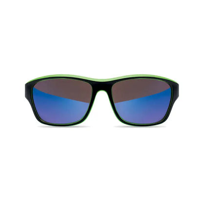 Ochelari de soare sport cu rama neagra si verde neon si lentile albastre oglinzite cu protectie uv400