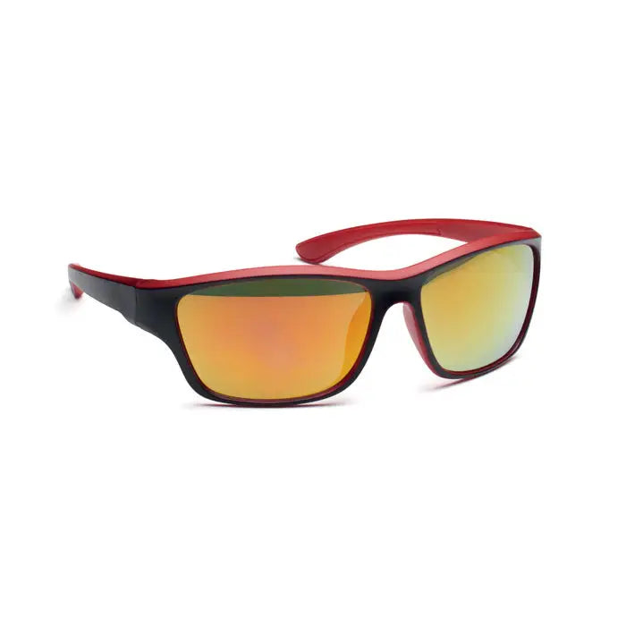 Ochelari de soare sport cu oglinda uv400, cu rama rosie si neagra si lentile reflectorizante portocaliu-verde