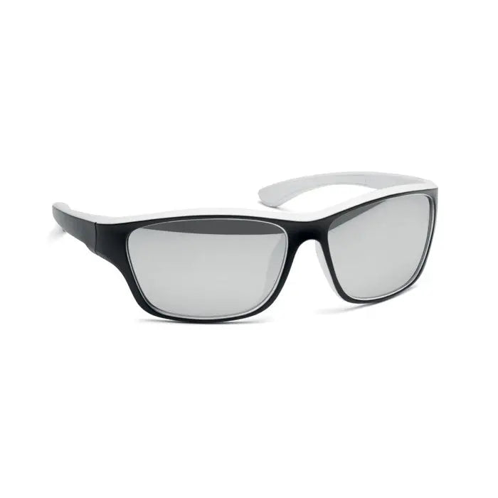Ochelari de soare sport cu rama alb-negru si lentile reflectorizante gri cu protectie uv400