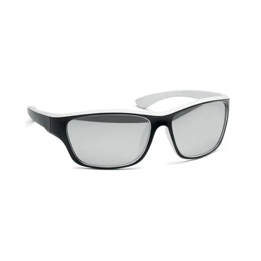 Ochelari de soare sport cu rama alb-negru si lentile reflectorizante gri cu protectie uv400