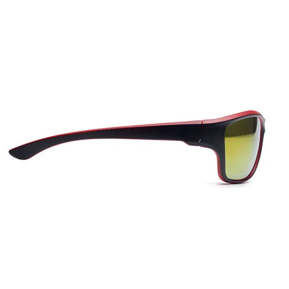 Ochelari de soare sport cu rama neagra si rosie si lentile oglinda uv400 galben-verzui reflectorizante
