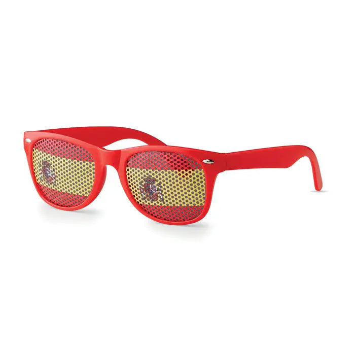 Ochelari de soare roșii din plastic cu lentile plasă și design drapel spaniol pentru petreceri și evenimente