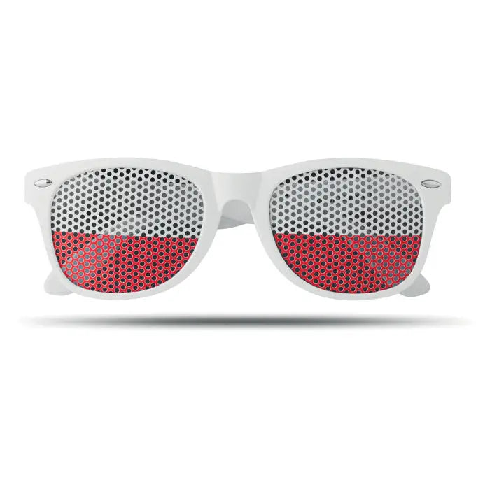 Ochelari de soare cu rama alba si lentile perforate cu dungi orizontale rosii si albe ale steagului polonez