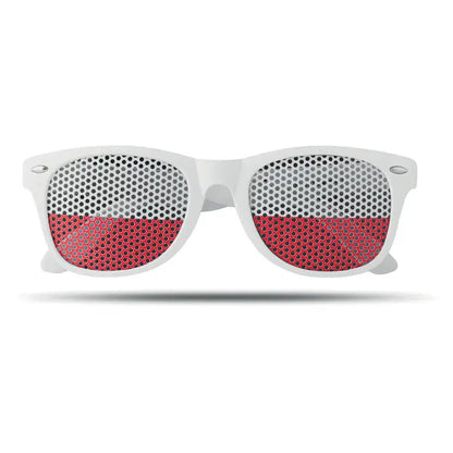 Ochelari de soare cu rama alba si lentile perforate cu dungi orizontale rosii si albe ale steagului polonez