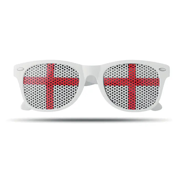 Ochelari de soare albi din plastic cu lentile perforate și design steagul Angliei roșu și alb