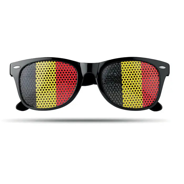 Ochelari de soare cu ramă neagră și lentile perforate cu steagul belgian pe dungi verticale negru galben roșu
