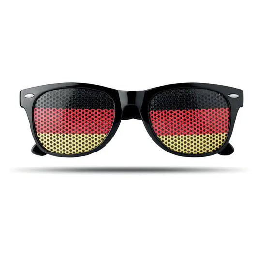 Ochelari de soare tara cu rame negre si lentile perforate in culorile steagului german negru rosu auriu