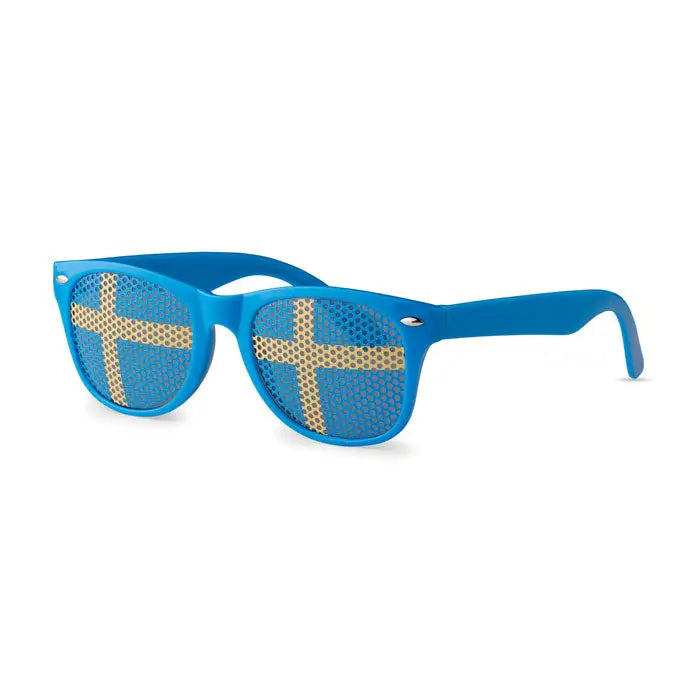 Ochelari de soare cu ramă din plastic albastru și lentile plasa cu designul steagului suedez