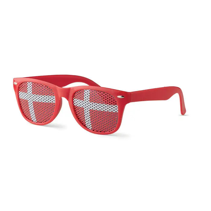 Ochelari de soare cu rame rosii din plastic si lentile plasa cu design steagul danez