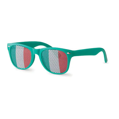 Ochelari de soare tara cu rame teal si lentile din plasa cu dungi verticale rosii albe si verzi