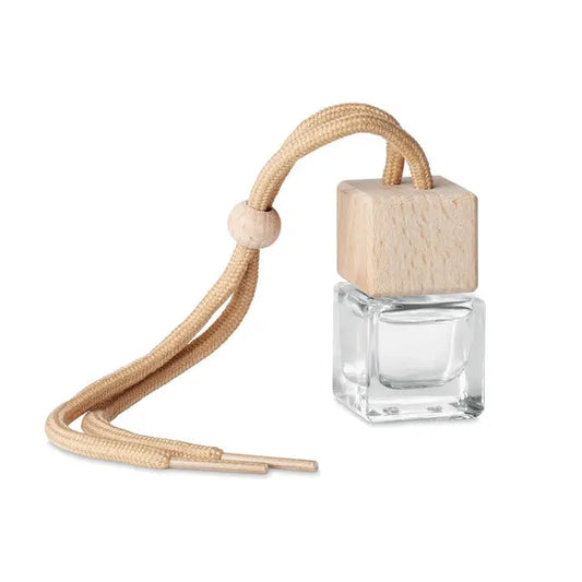 Odorizant cu aroma auto noua 5ml sticla transparenta cu capac cub din lemn deschis si snur bej impletit pentru agatat