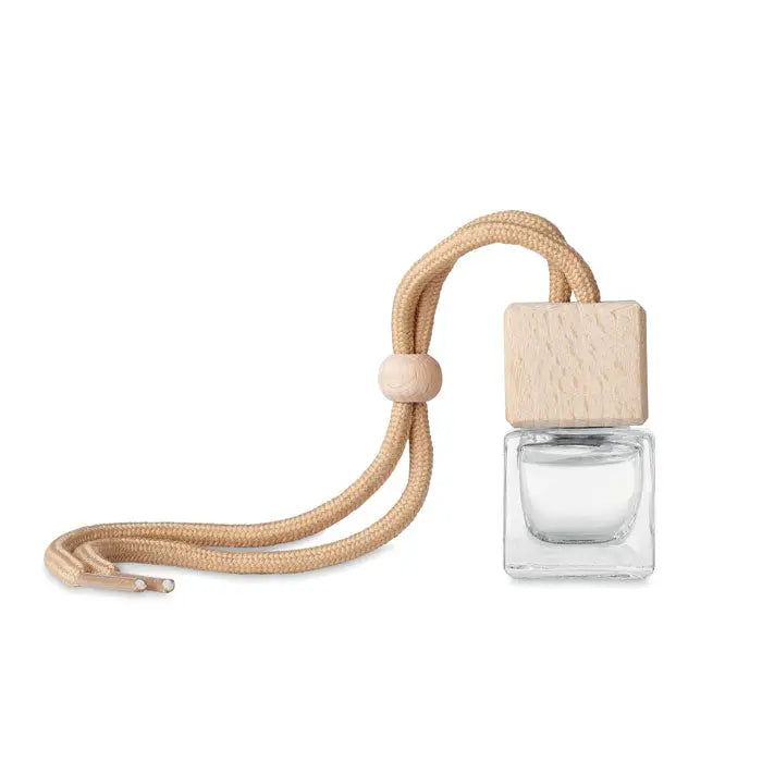 Odorizant cu aroma auto noua 5ml din sticla transparenta cu capac din lemn deschis si snur bej impletit