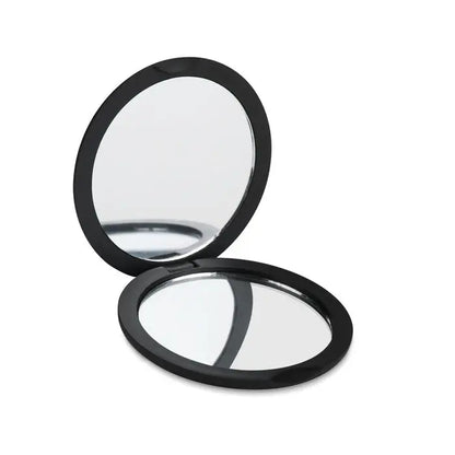 Oglinda compacta cu doua fete neagra, forma ovala, finisaj lucios si suprafete oglinda duble