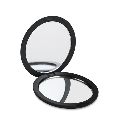 Oglinda compacta cu doua fete neagra, forma ovala, finisaj lucios si suprafete oglinda duble