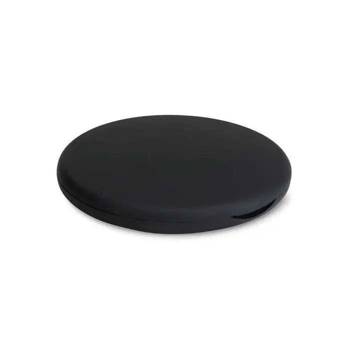 Oglinda compacta cu doua fete cu baza neagra rotunda din material mat pentru incarcare wireless