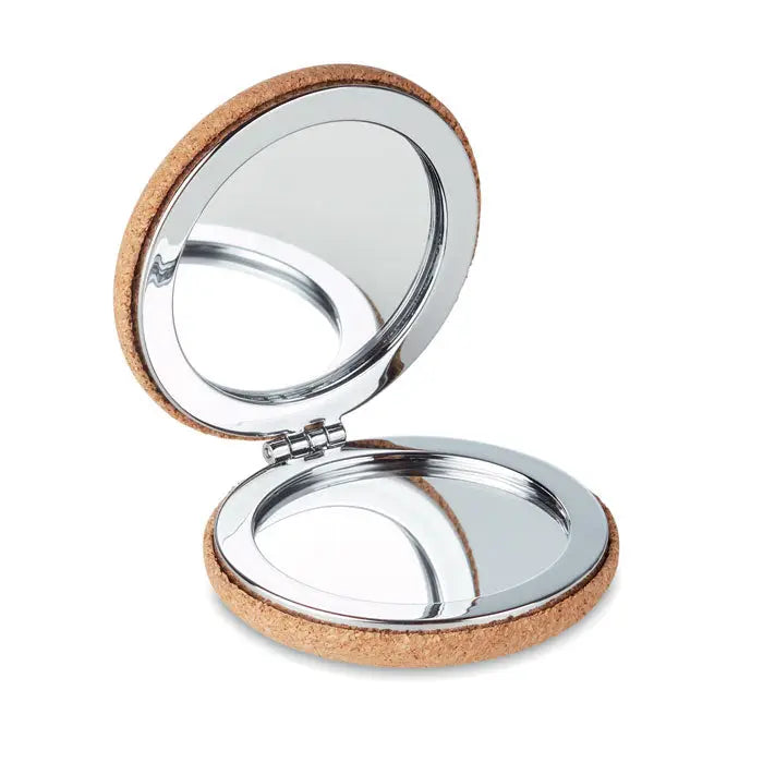 Oglinz de buzunar compactă rotundă cu ramă metalică argintie și margini captusite cu plută