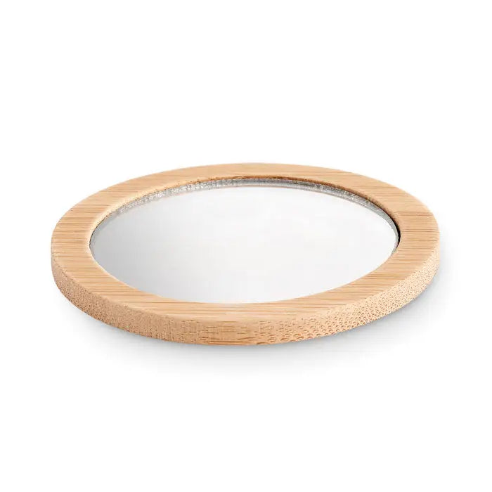 Oglinda de machiaj circulara cu rama din bambus si finisaj natural de lemn neted