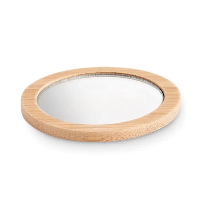 Oglinda de machiaj circulara cu rama din bambus si finisaj natural de lemn neted
