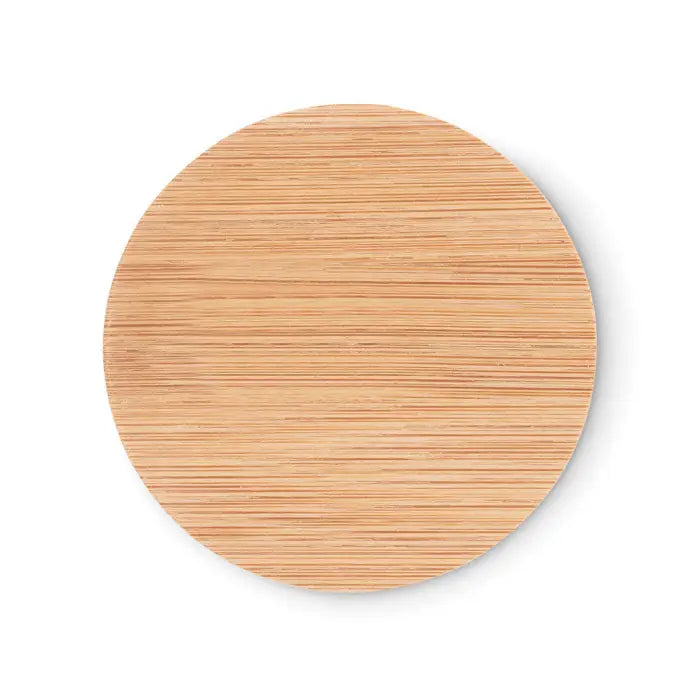 Coaster circular din bambus cu finisaj natural maro deschis si model vizibil de fibra lemnoasa pentru oglinda de machiaj