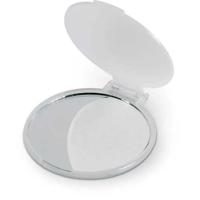 Oglinda de machiaj compacta cu rama argintie, capac alb din plastic si balama transparenta