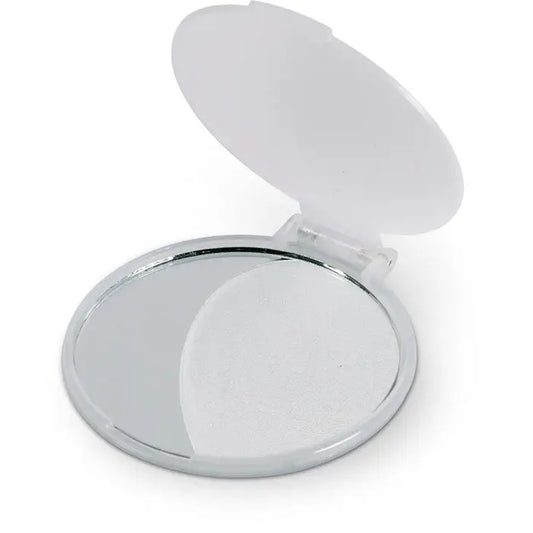 Oglinda de machiaj compacta cu rama argintie, capac alb din plastic si balama transparenta