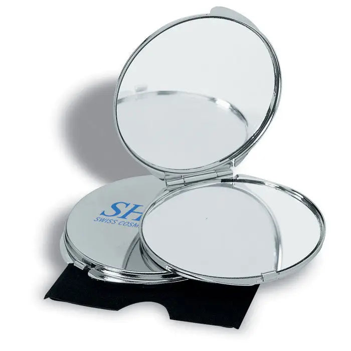 Oglinda de machiaj compacta argintie din metal cu doua suprafete reflectorizante si logo sh swiss cosmetics