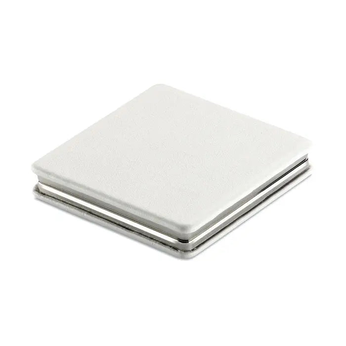 Oglinda dubla magnetica alba cu copertina patrata din piele si margini metalice argintii pentru notite