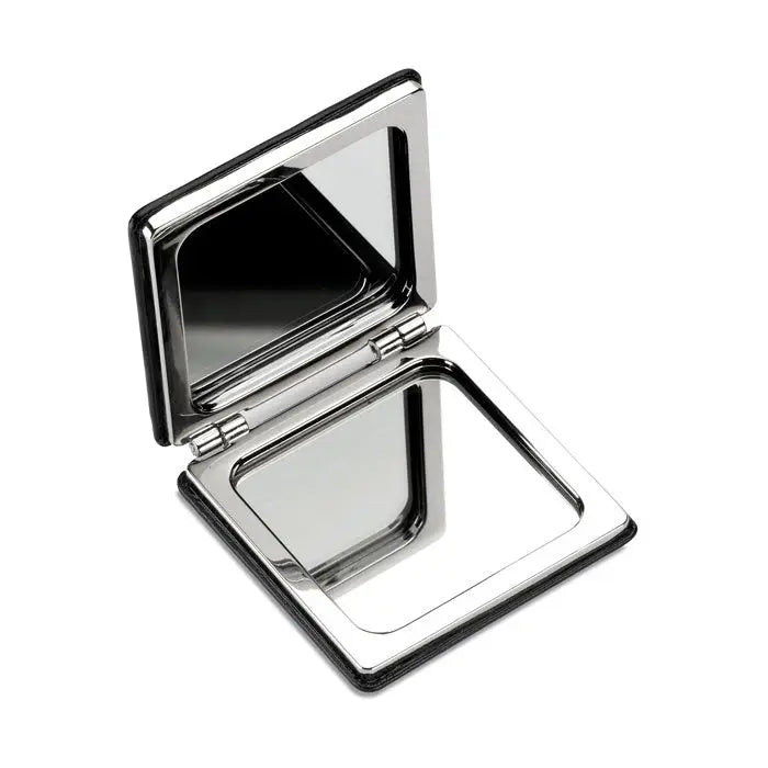 Oglinda dubla magnetica cu rama metalica argintie lucioasa si doua panouri de sticla reflectorizante patrata