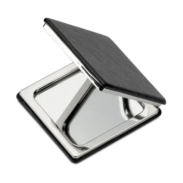 Oglinda dubla magnetica compacta acoperita cu piele neagra si rama metalica eleganta pentru utilizare practica
