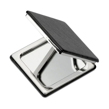 Oglinda dubla magnetica compacta acoperita cu piele neagra si rama metalica eleganta pentru utilizare practica