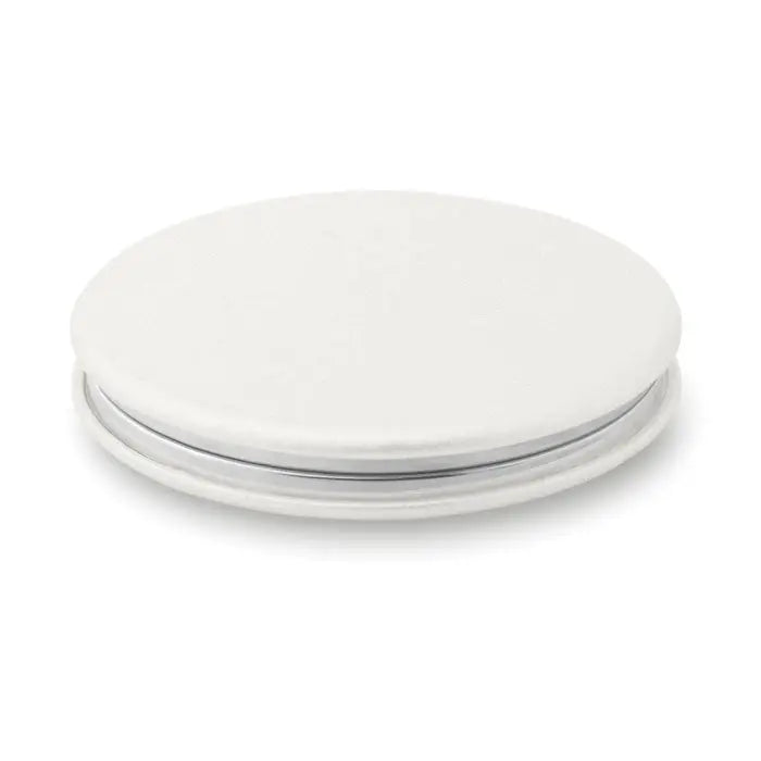 Oglinda rotunda din pu alba cu finisaj mat si margine argintie metalica pentru machiaj si retus