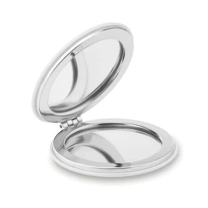 Oglinda rotunda din pu cu design compact argintiu si finisaj metalic lustruit