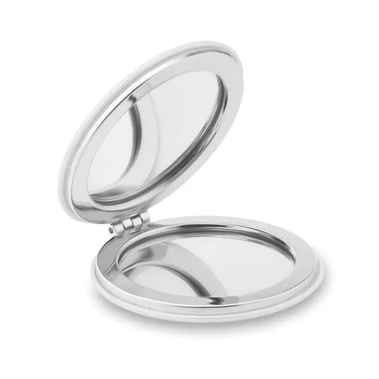 Oglinda rotunda din pu cu design compact argintiu si finisaj metalic lustruit
