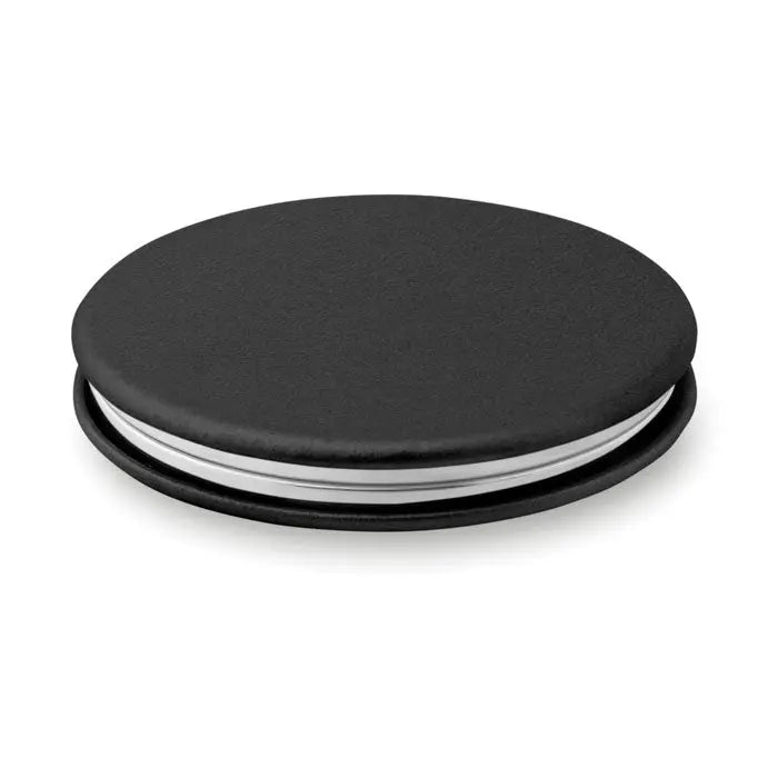 Oglindă rotundă din PU neagră cu design compact și margini metalice argintii elegante