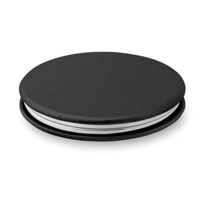Oglindă rotundă din PU neagră cu design compact și margini metalice argintii elegante