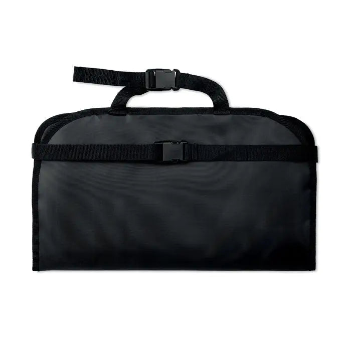 Organizator auto negru din piele cu curele reglabile si inchideri cu catarama pentru organizare pe scaun auto