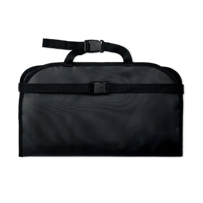 Organizator auto negru din piele cu curele reglabile si inchideri cu catarama pentru organizare pe scaun auto