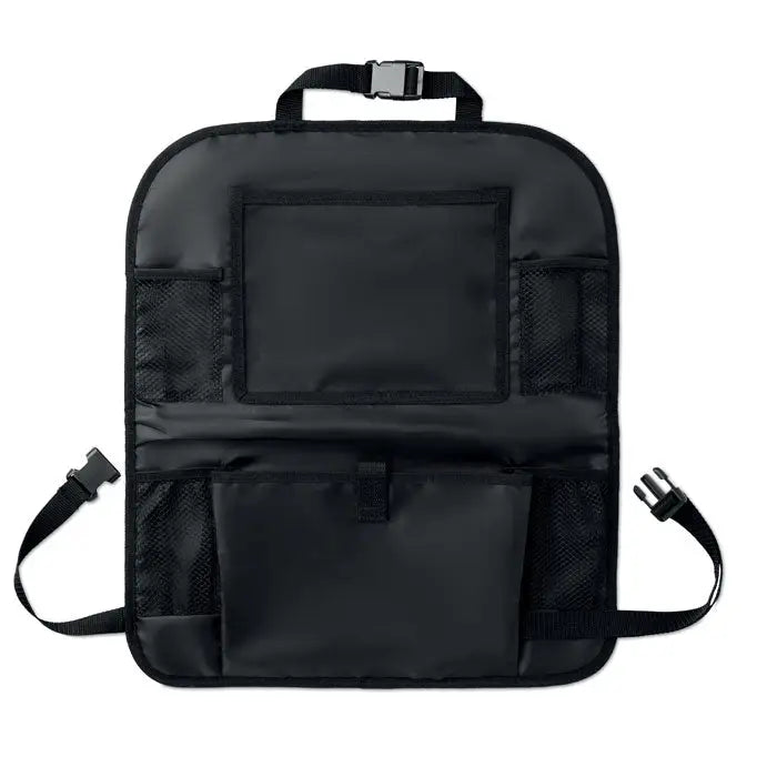 Organizator auto negru din material durabil cu multiple buzunare si compartimente laterale din plasa