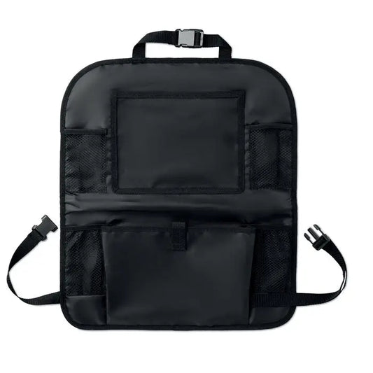 Organizator auto negru din material durabil cu multiple buzunare si compartimente laterale din plasa