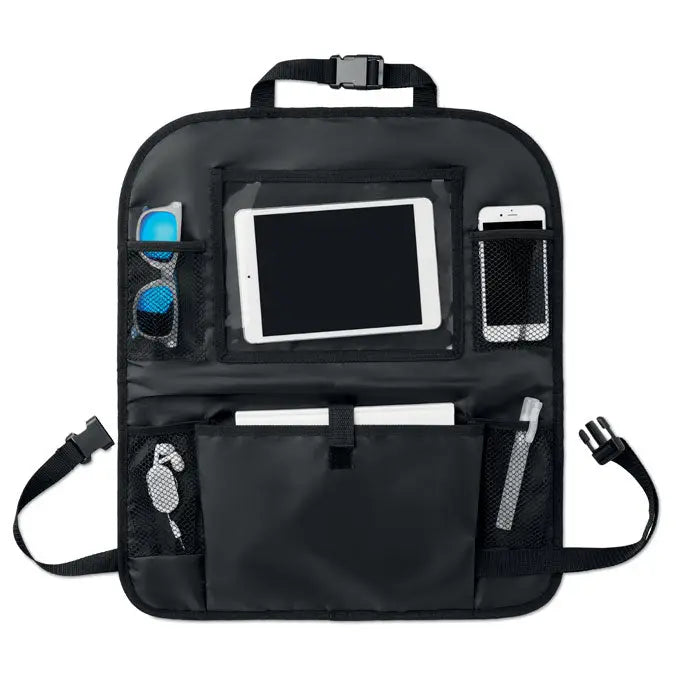 Organizator auto negru din material rezistent cu compartimente multiple si buzunare plasa pentru tabletă telefon ochelari si chei