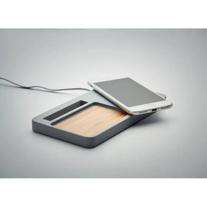 Organizator de incarcare fara fir 5w gri cu textura lemn si design minimalist pentru telefon wireless