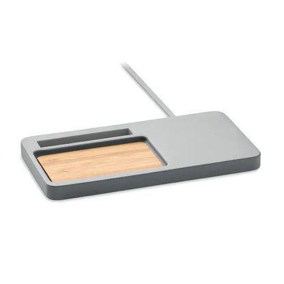 Organizator de incarcare fara fir 5w gri si lemn deschis cu design minimalist si functionalitate wireless compacta