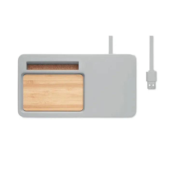 Organizator de incarcare fara fir 5w gri cu insertie de bambus si compartiment de plută, cablu usb asortat