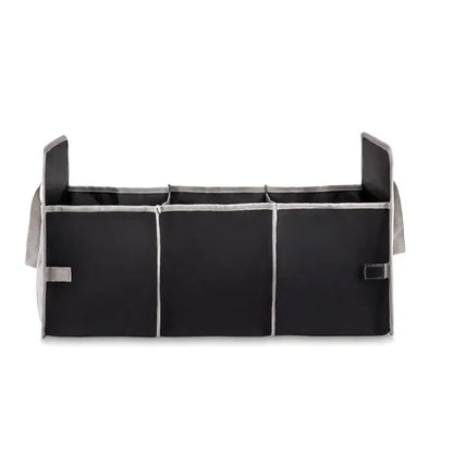 Organizator pliabil pentru masina din material textil negru si gri cu trei compartimente pentru depozitare eficienta
