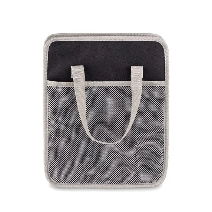 Organizator pliabil pentru masina din material mesh gri cu captuseala neagra si manere gri asortate