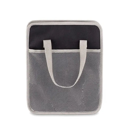 Organizator pliabil pentru masina din material mesh gri cu captuseala neagra si manere gri asortate
