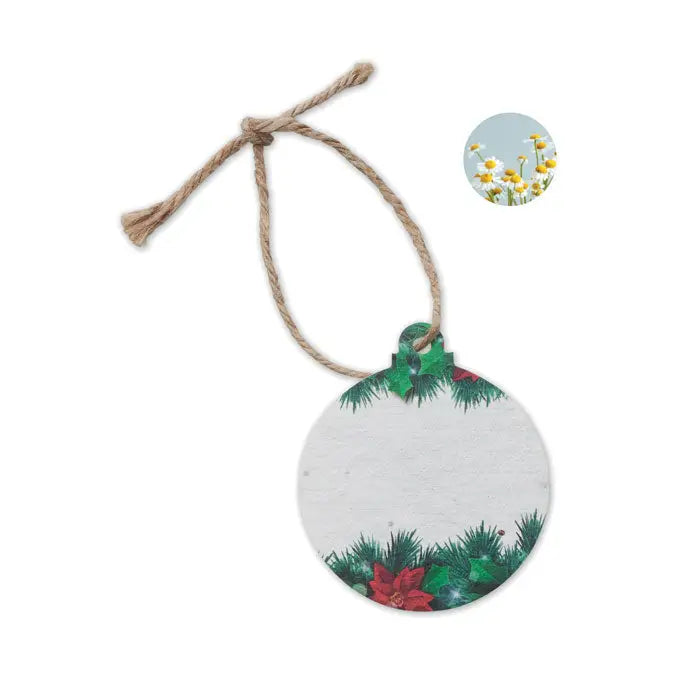 Ornament rotund din hartie reciclata alba cu seminte si decor rustic cu verdeata, poinsettia rosie si crengute de brad