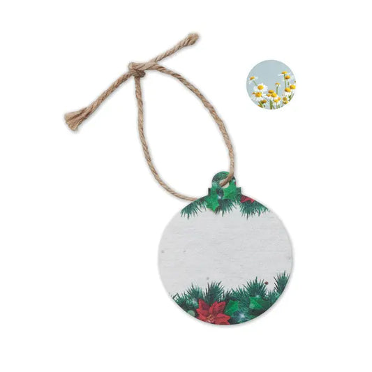 Ornament rotund din hartie reciclata alba cu seminte si decor rustic cu verdeata, poinsettia rosie si crengute de brad