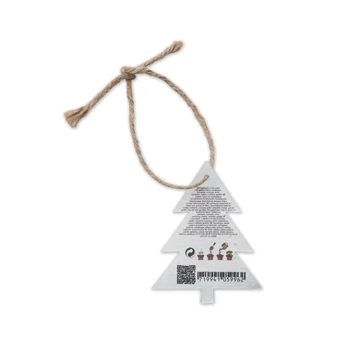 Ornament de craciun din hartie alba in forma de triunghi cu snur din sfoara naturala si seminte integrate
